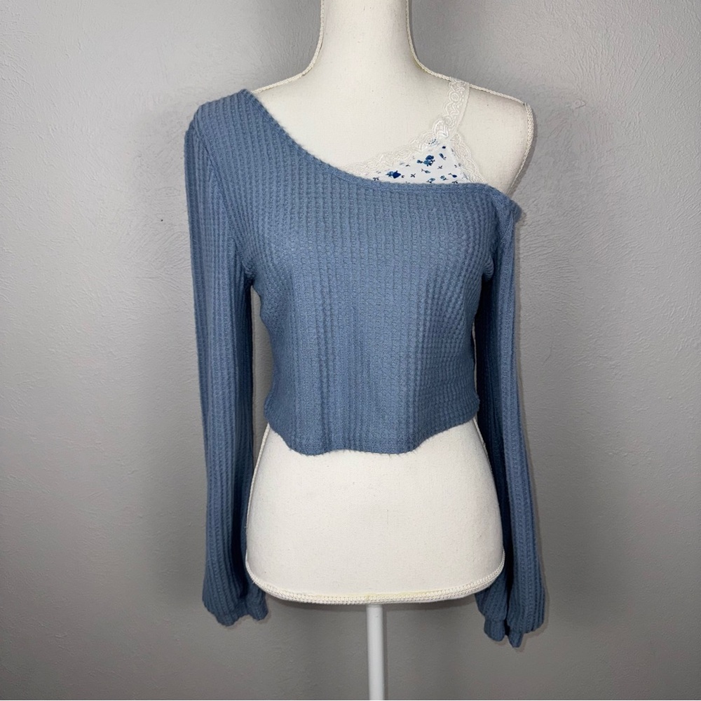 Romwe Crop Top L‎ Blue Waffle Knit Long Sleeve Off Shoulder Lace Casual Coquette